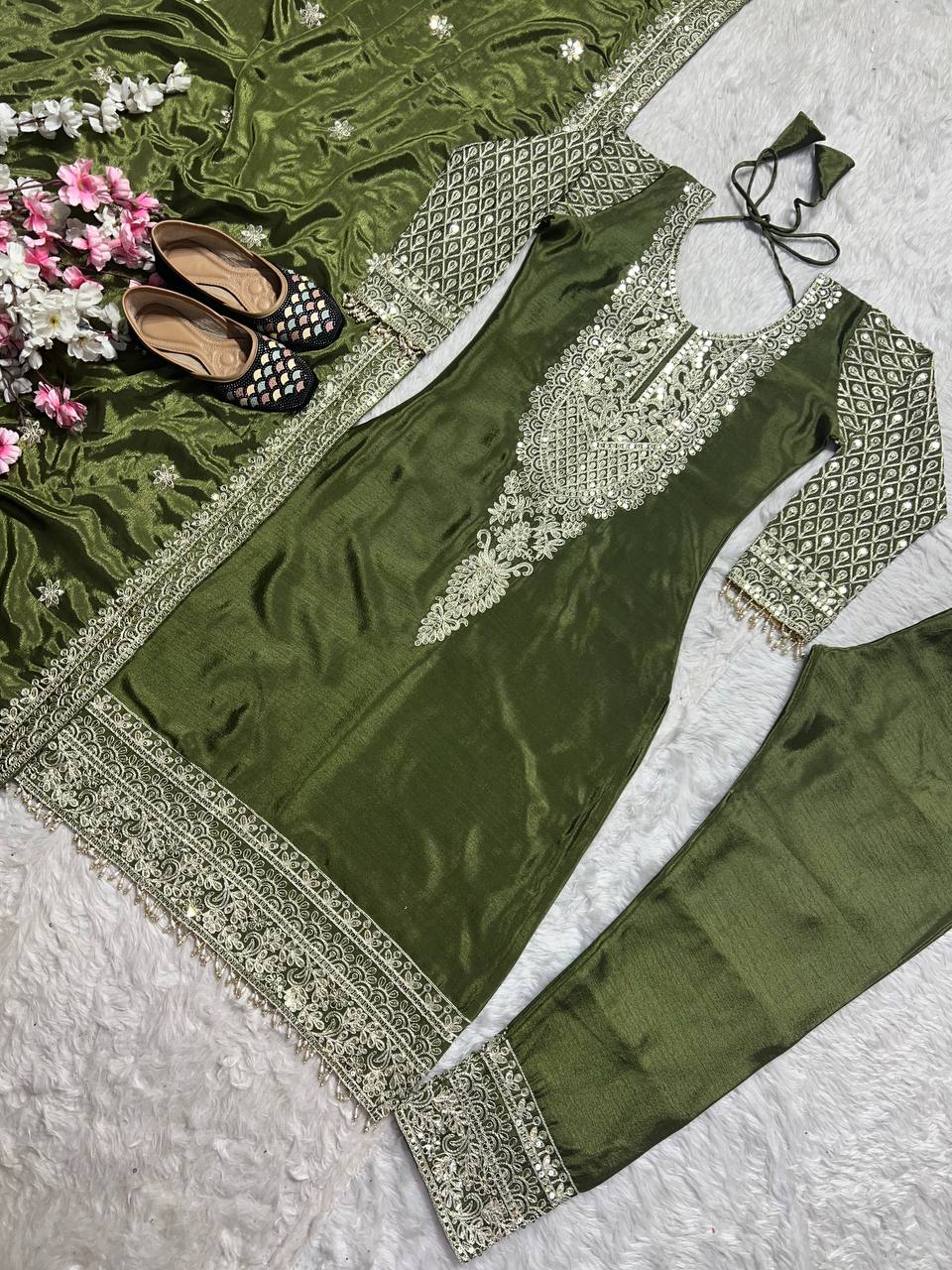 Deep Moss Satin Embellished Set